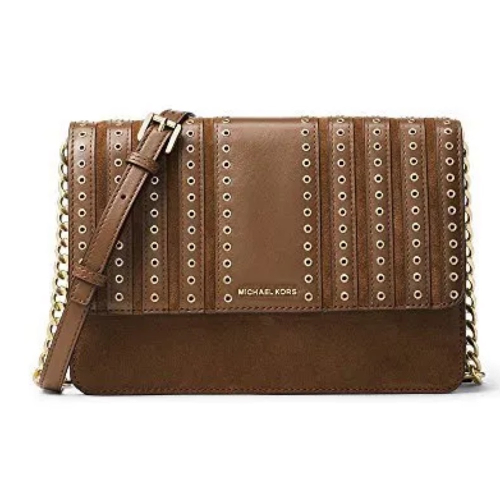 MICHAEL KORS BROOKLYN GROMMET DARK CARAMEL BROWN LEATHER LARGE CROSSBODY,BAG